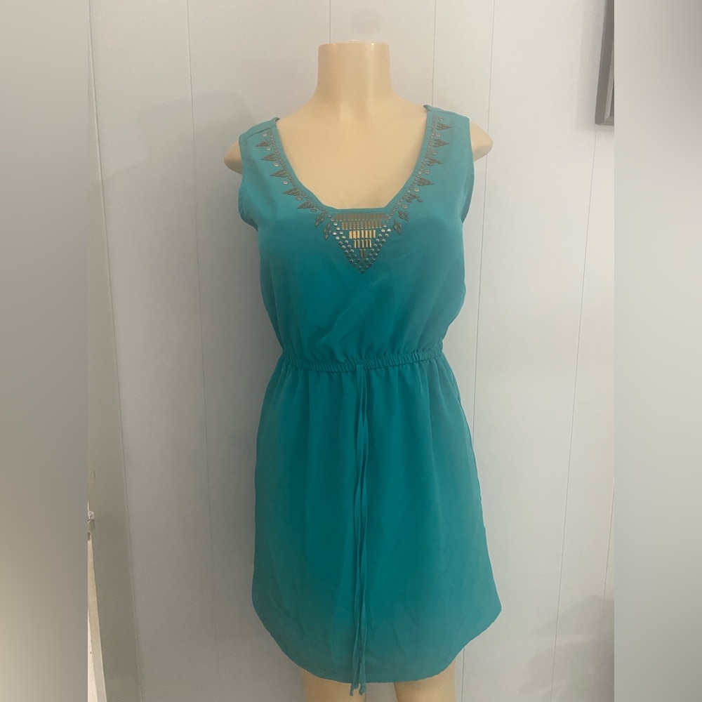 BeBop Teal Sleeveless V-Neck Mini Dress with Metallic Embellishments